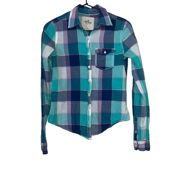 Hollister Womens Sz XS Button Front Long SLeeve Plaid Shirt Y2K 2000s - Picture 1 of 4